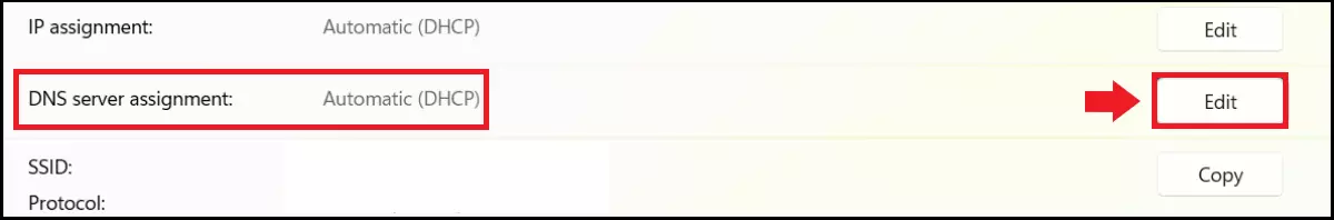 Windows 11 internet connection menu with ‘DNS server assignment’.