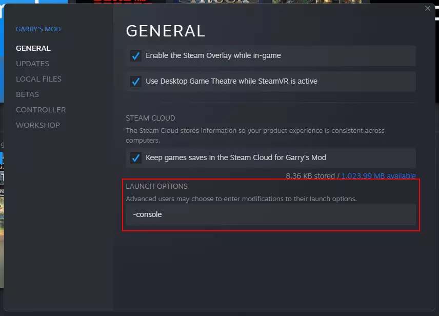 Steam: Setting the start options for Garry’s Mod