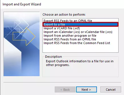 Outlook Import/Export assistant: ‘Export to a file’