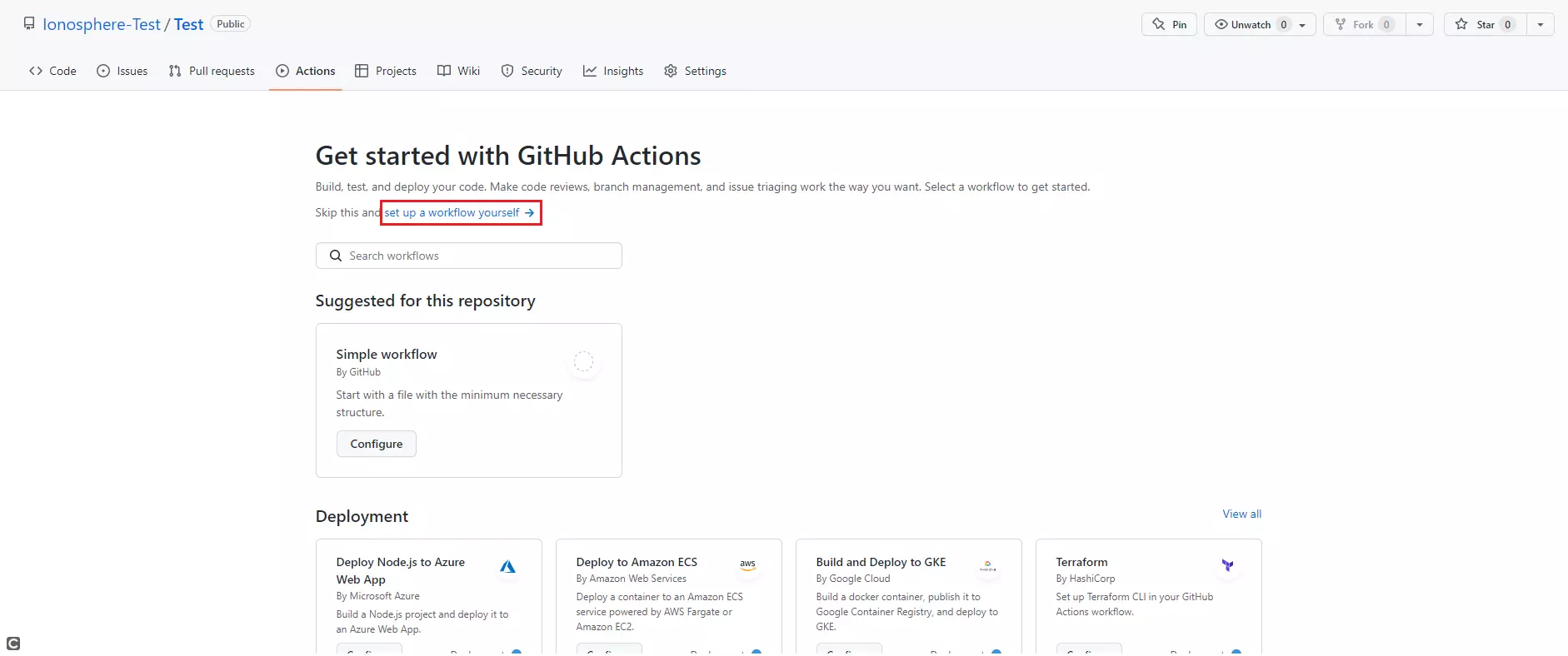 View of the GitHub actions menu