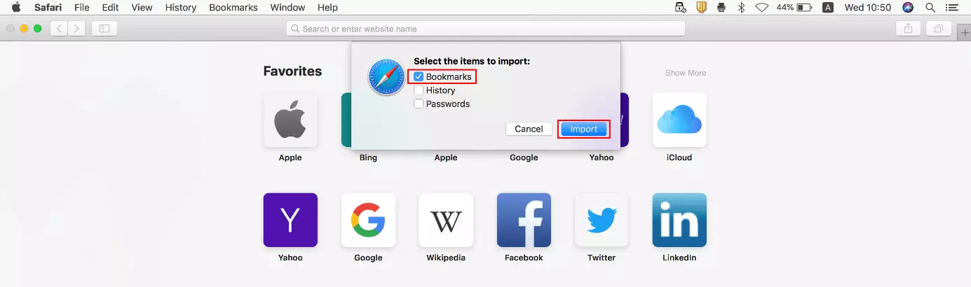 Safari dialogue “Select the items to import”