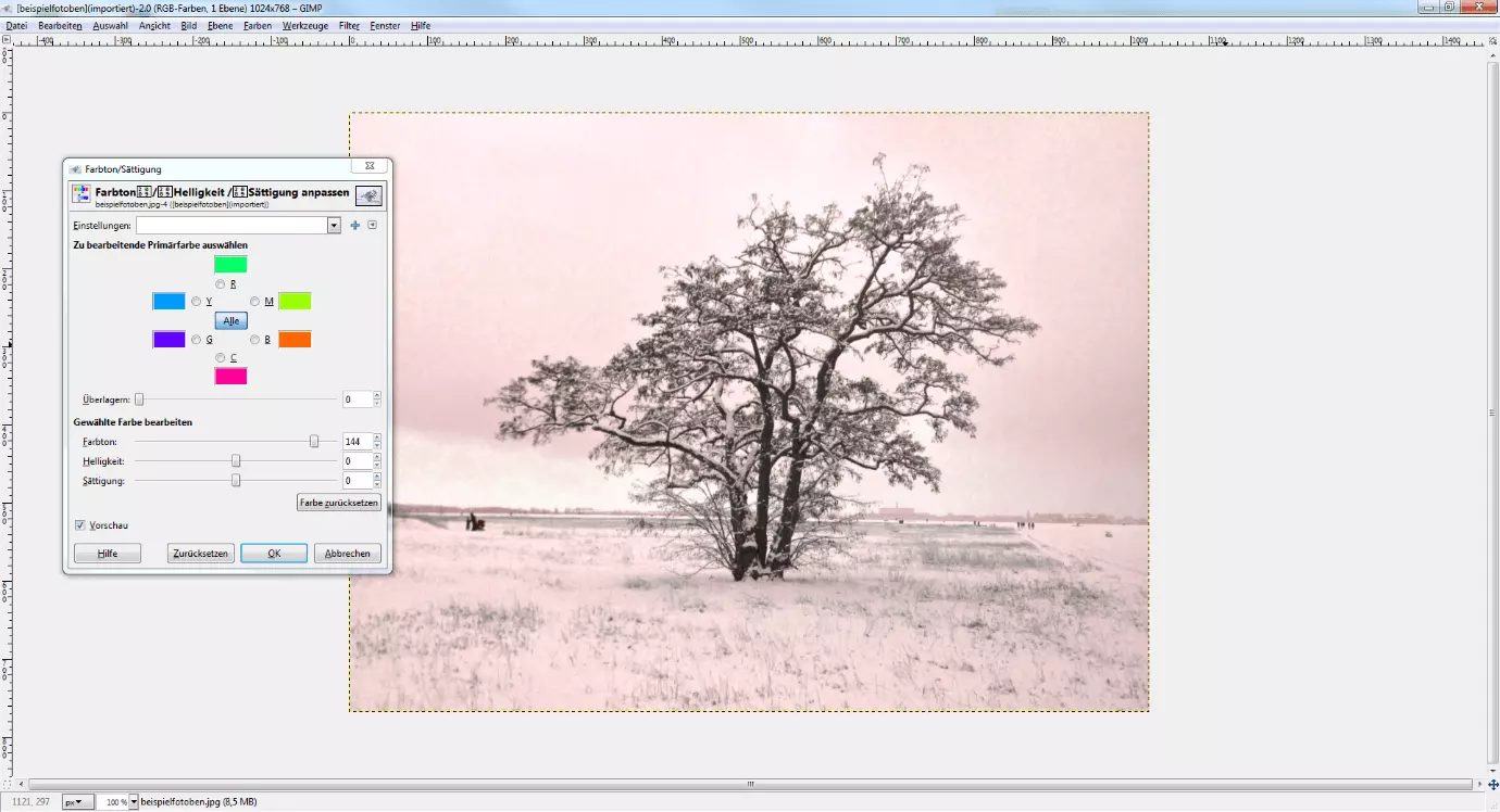 Screenshot of GIMP, adjustment of colours and saturation