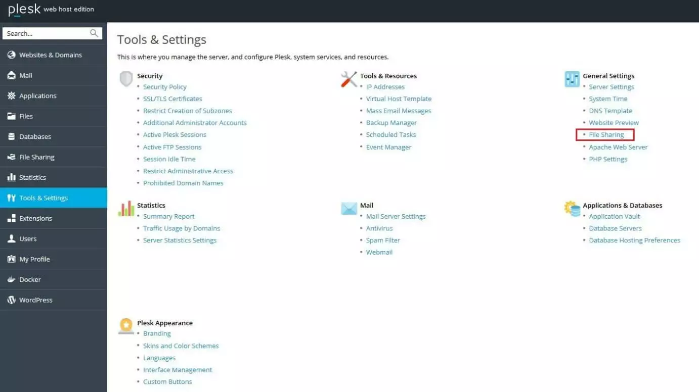 Plesk web host edition: Tools & Settings