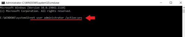 Enable the administrator account by typing ‘net user administrator /active:yes’ and pressing Enter