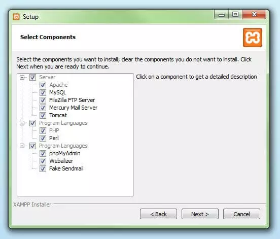 Dialog window for selecting software components