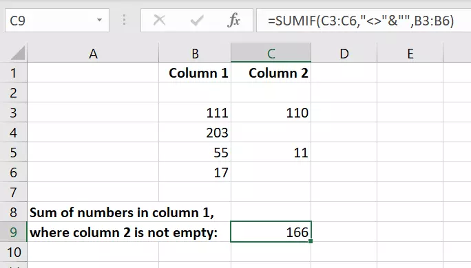 Excel: ‘Not equal to’ and SUMIF