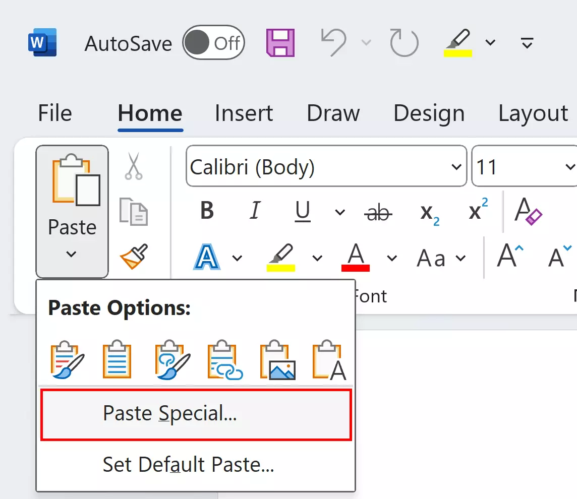 ‘Paste Special…’ menu option in Word