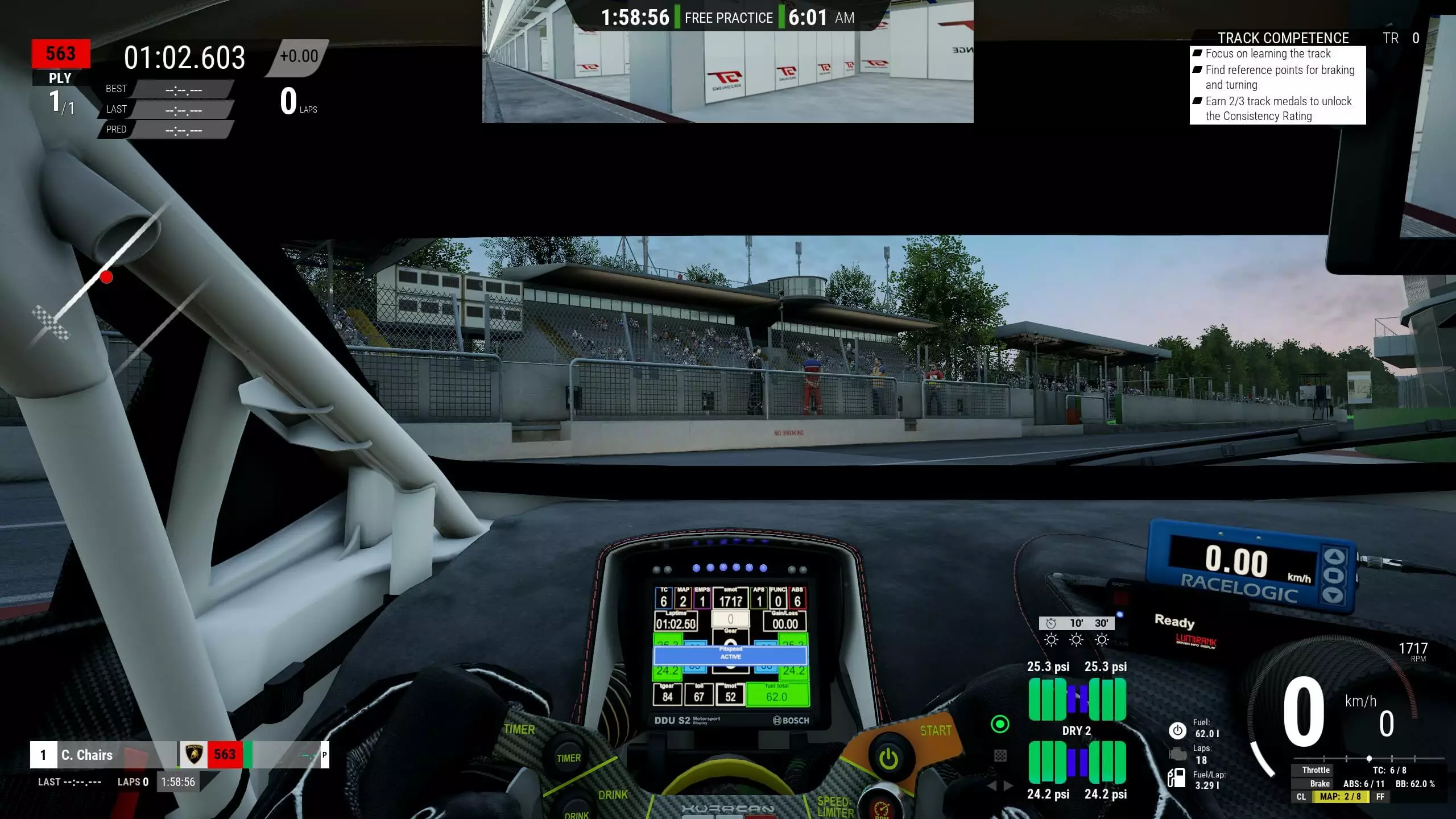 Screenshot from Assetto Corsa Competizione: cockpit view in free practice mode