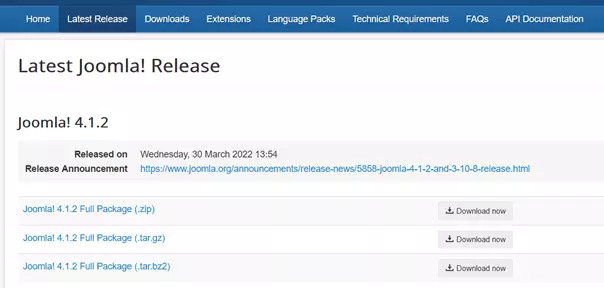 Screenshot of the download page on the Joomla website