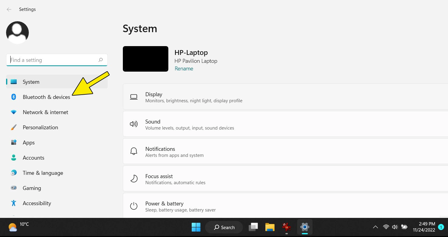 Windows 11 system settings: ‘Bluetooth and Devices’ menu item