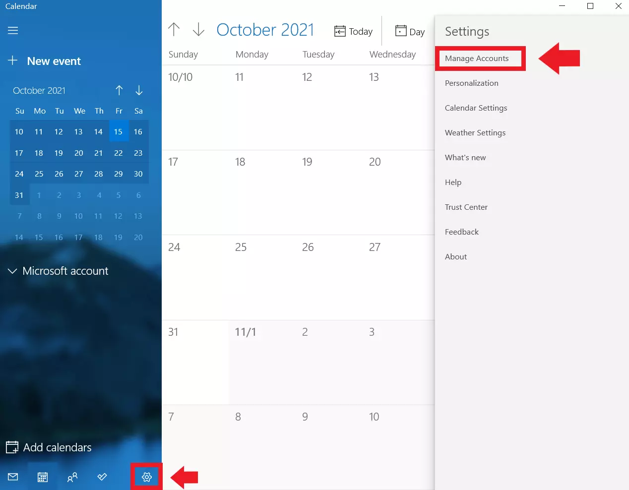 Windows calendar: ‘Settings’, ‘Manage accounts’