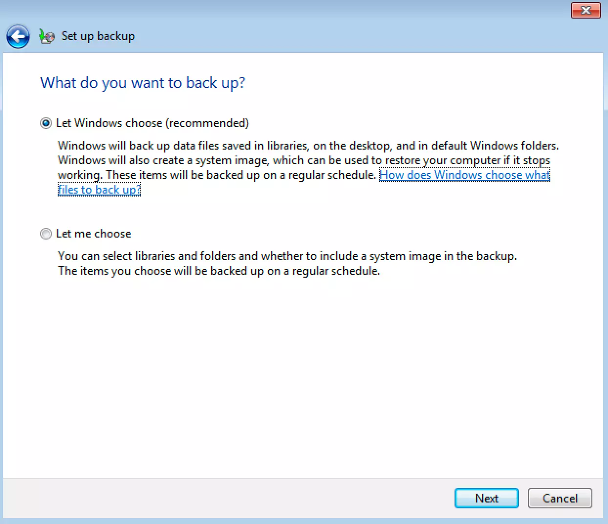 Menu for defining either the automatic or manual selection of backup files