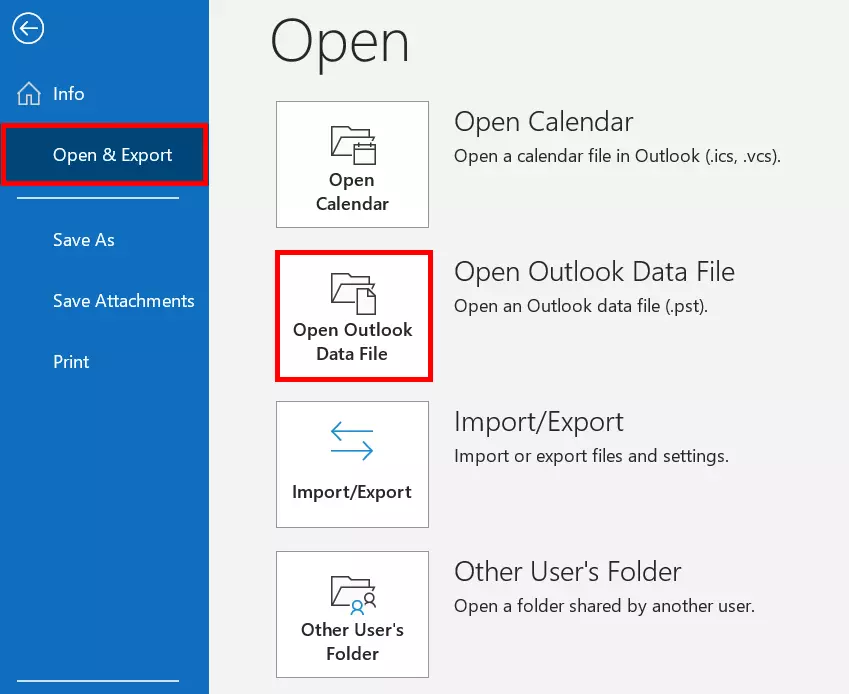 ‘Open Outlook Data File’ in Outlook menu ‘File’ > ‘Open & Export’