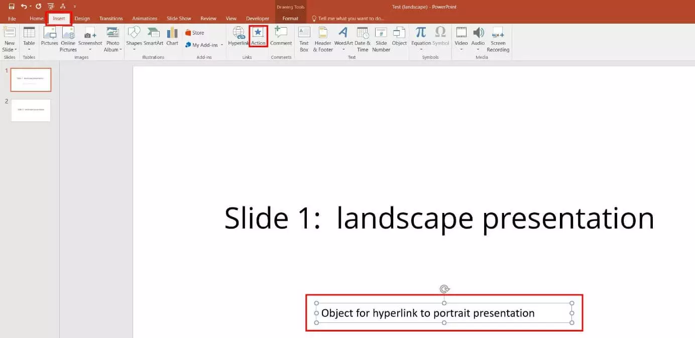 The “Action” button in the PowerPoint “Insert” tab