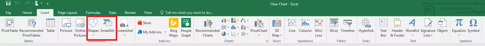 Use 'Shapes' or 'SmartArt' for creating flowcharts in Excel