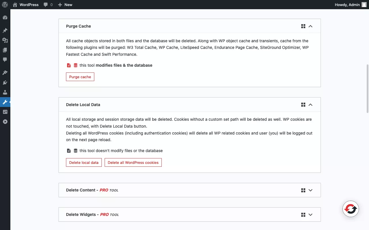 Screenshot of the tools page of the 'WP Reset' plugin (1/3)