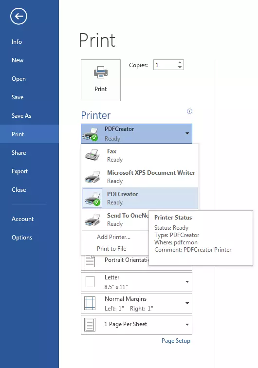 Printer selection via PDFCreator