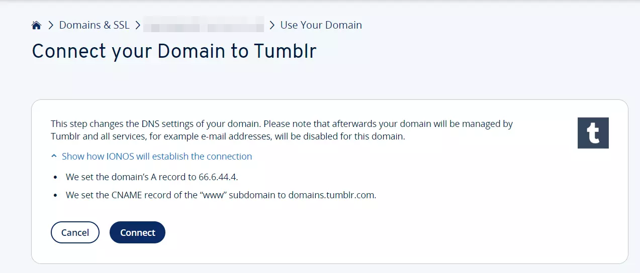 IONOS: Tumblr domain setup assistant