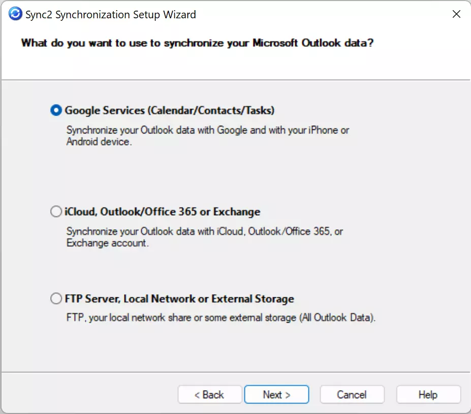 Synchronisation options in Sync2 Synchronisation Setup Wizard