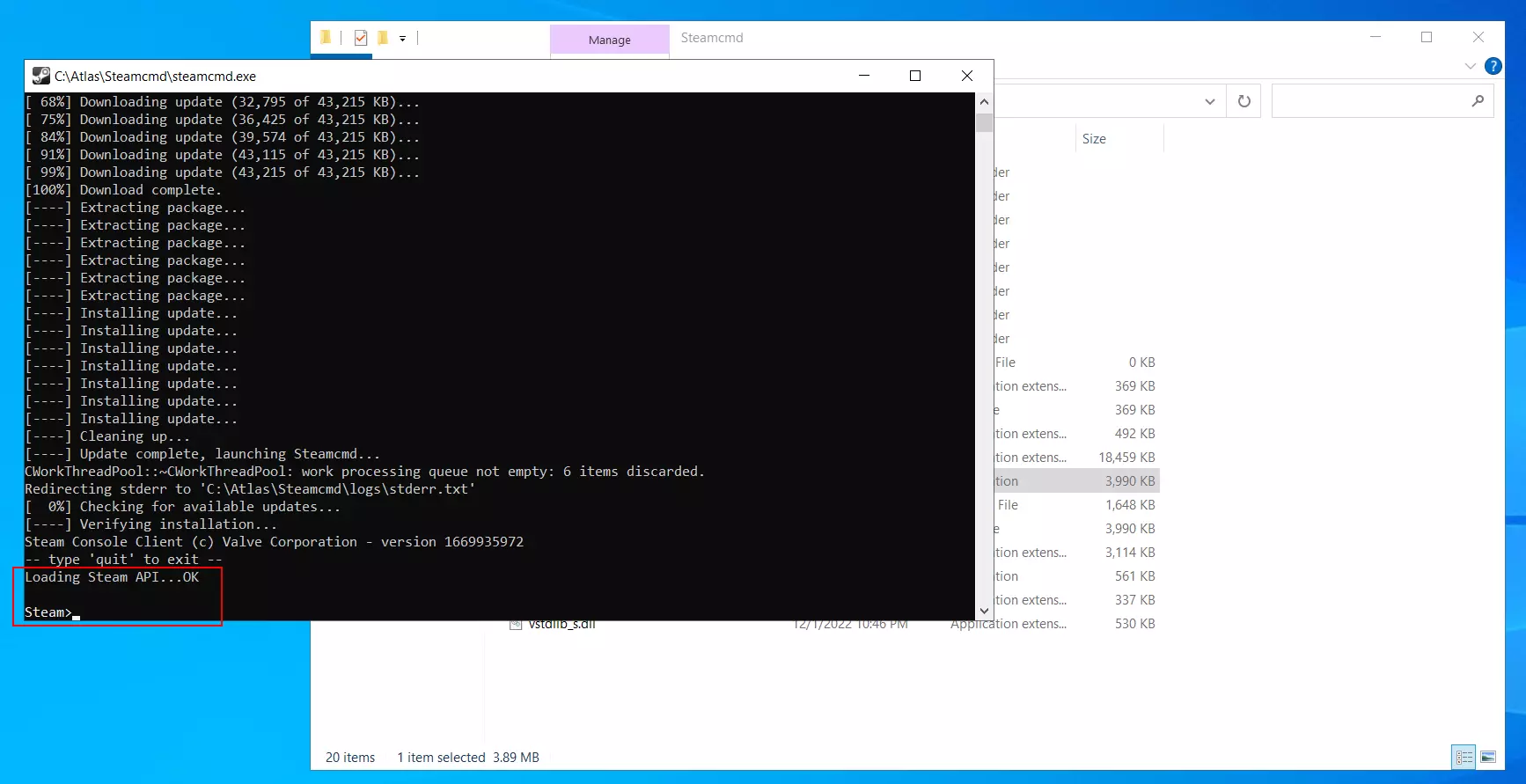 Input mask of the steamcmd.exe file after successful installation