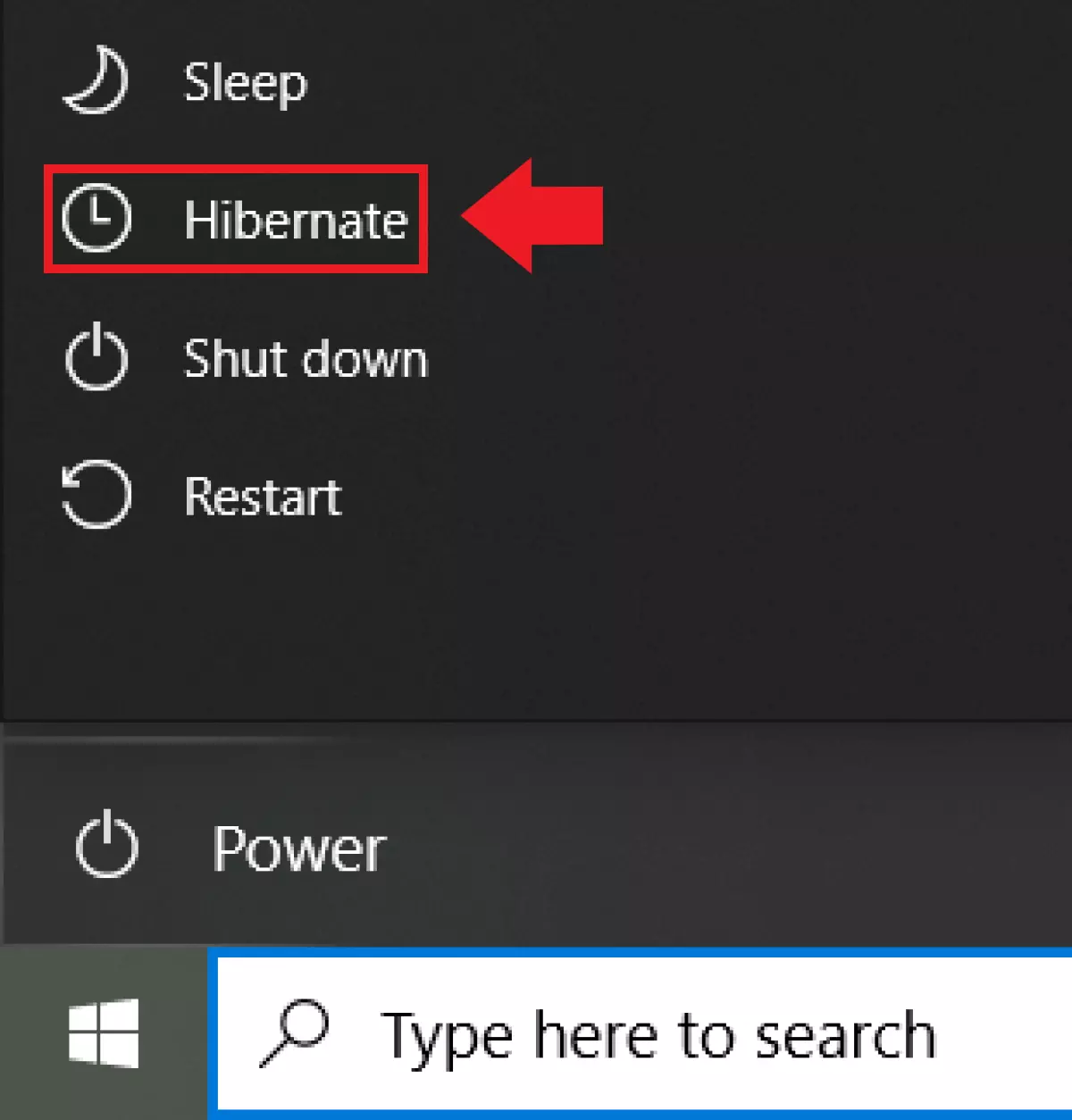 Windows 10: ‘Hibernate’ option in Windows Start menu