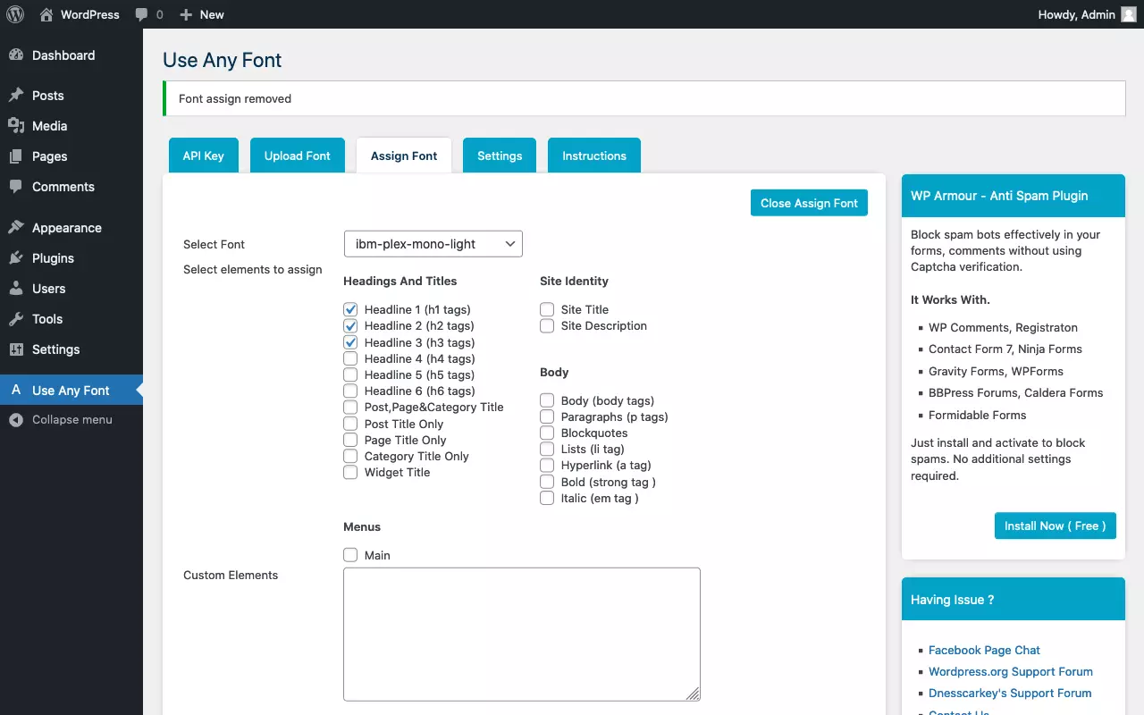 Assigning a font to HTML elements with ‘Use Any Font’ plugin