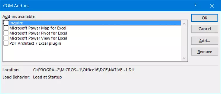 Dialogue box for disabling COM add-ins in Excel