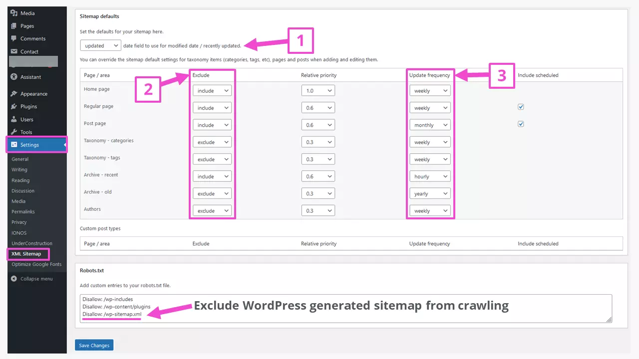 Lower part of the admin interface of the plugin `XML Sitemap Generator for Google´