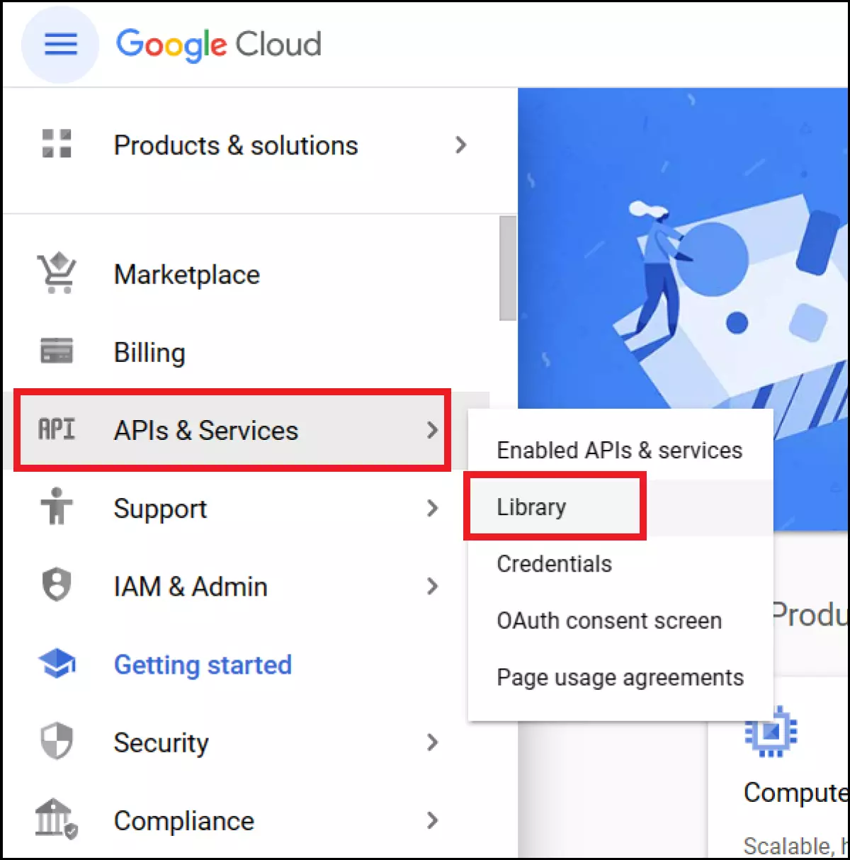 Google Cloud menu with ‘APIs & Services’ and ‘Library’