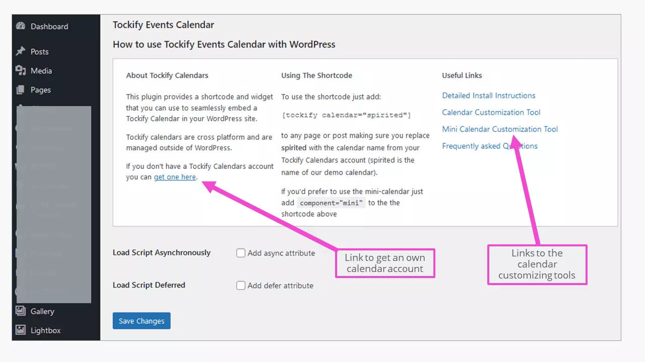 Admin section of the Tockify calendar plugin for WordPress