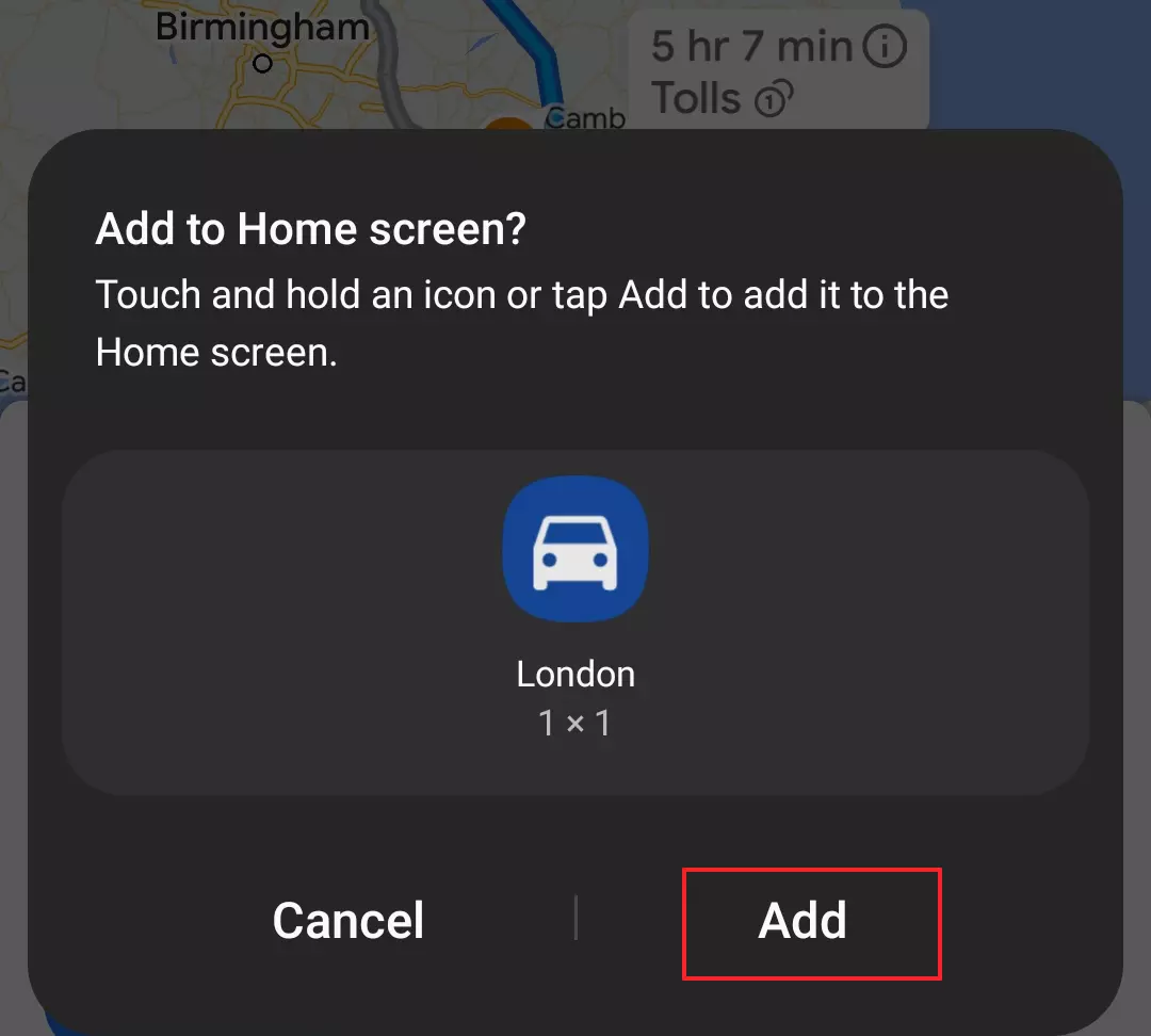 Screenshot of the ‘Add to Home screen‘ feature in Google Maps