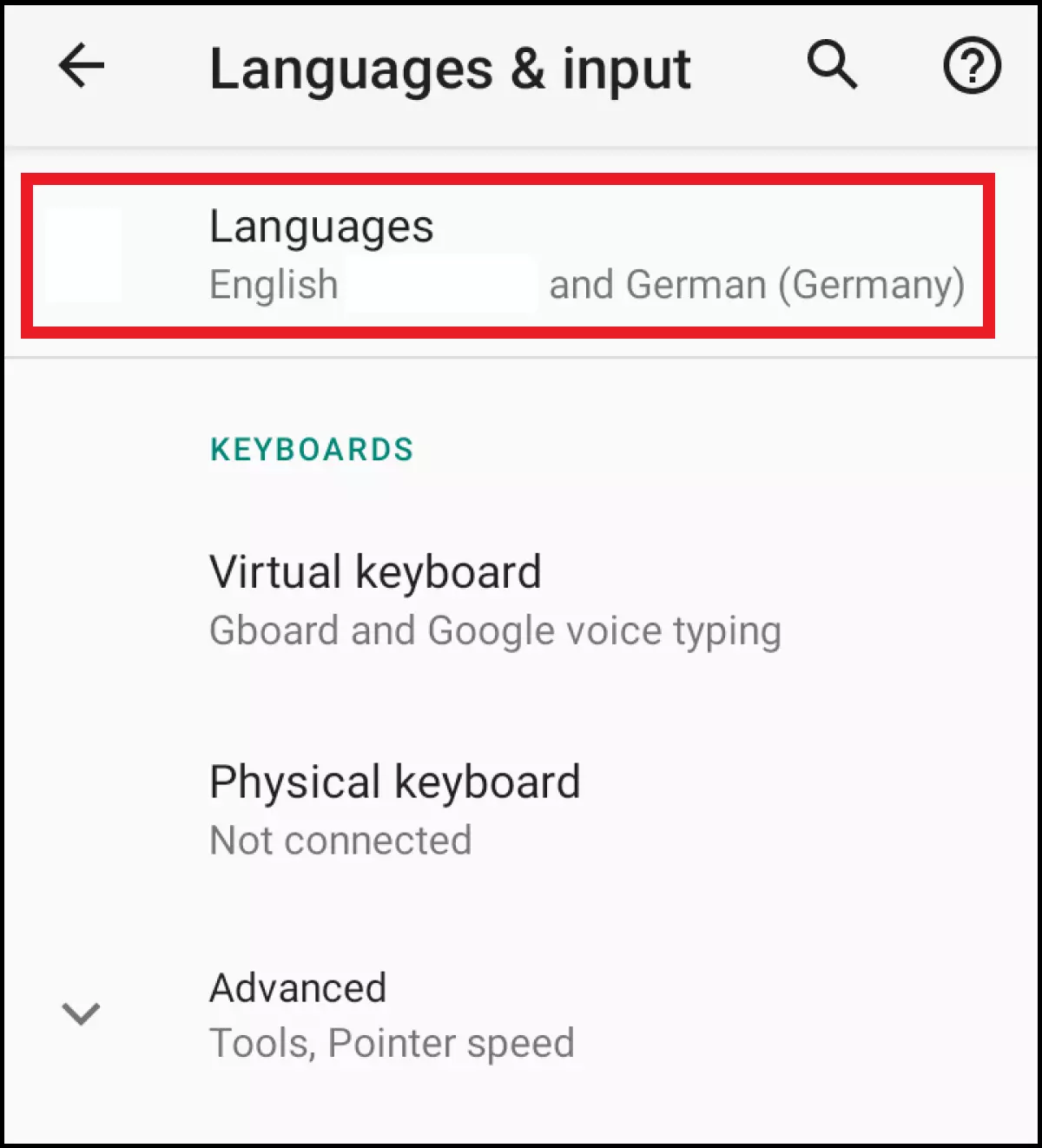 Language options available under the ‘Languages & input’ tab