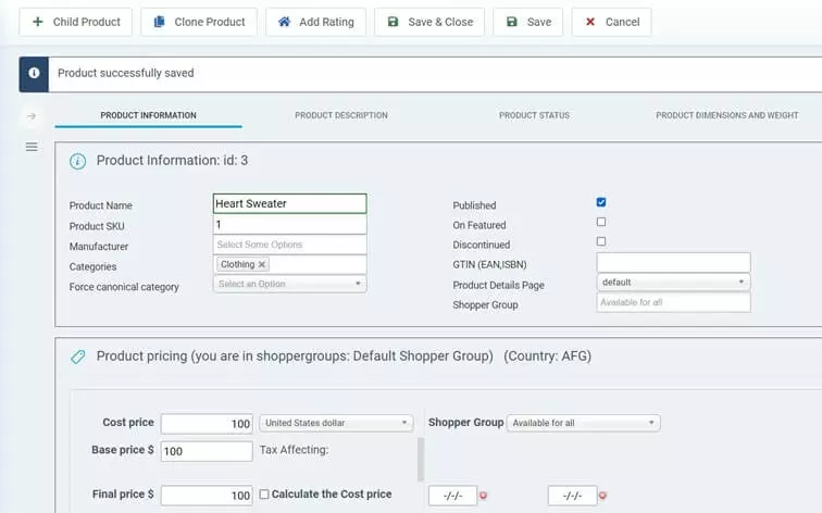 Definition of product information in VirtueMart