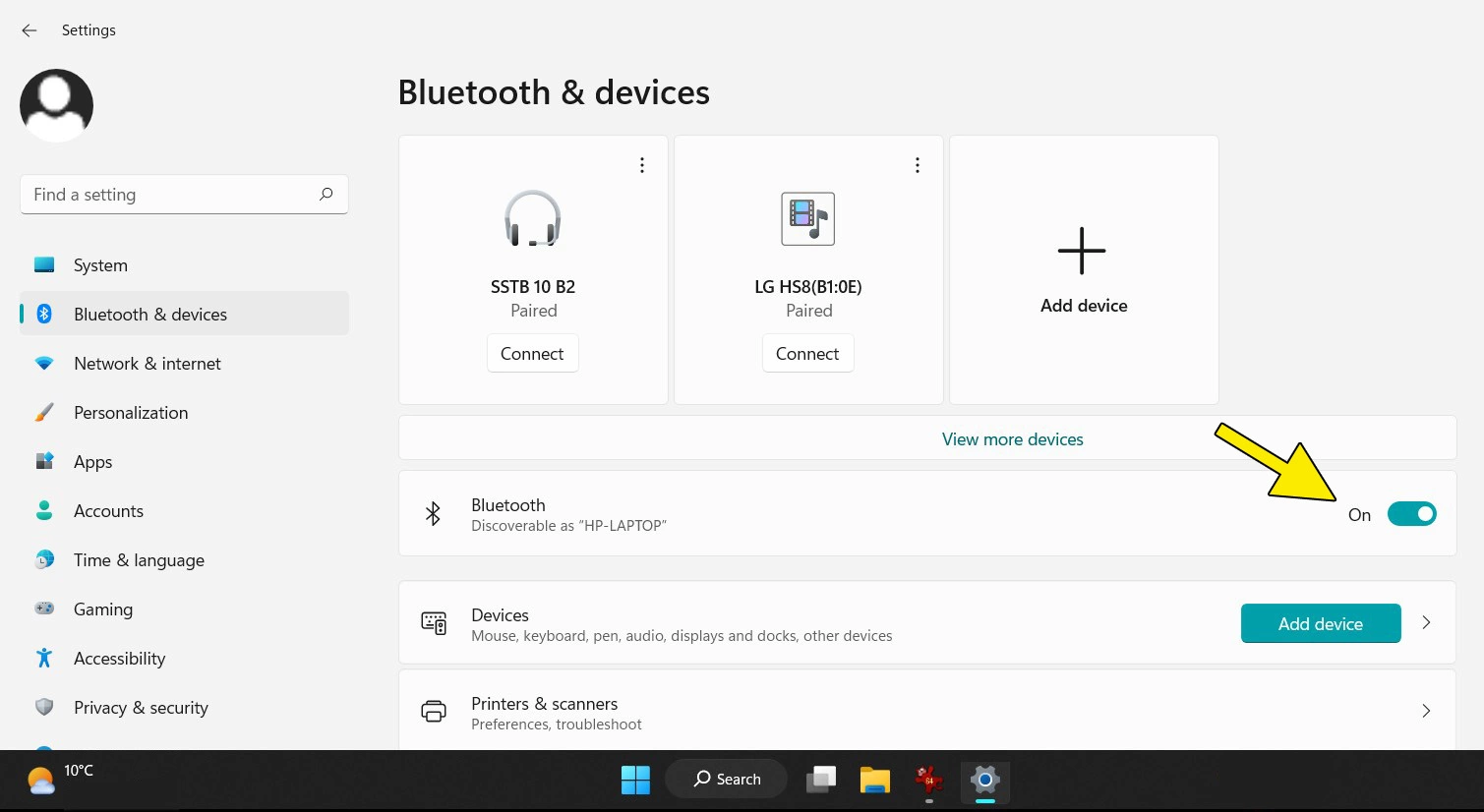 Windows 11 system settings for Bluetooth devices: Bluetooth switch to ‘On’