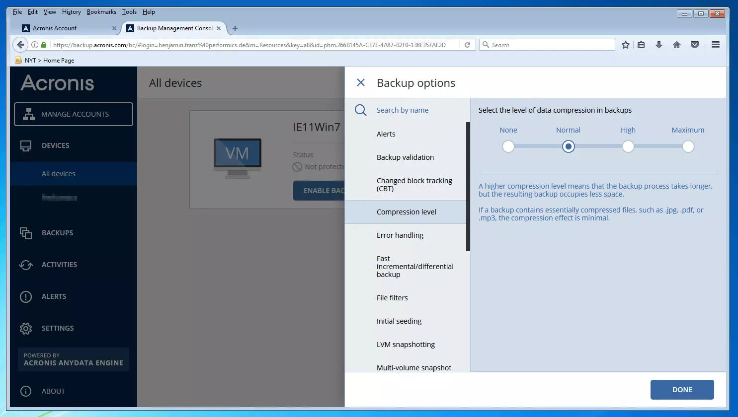 The backup management console of Acronis Backup 12.5: menu for the selection of compression modes