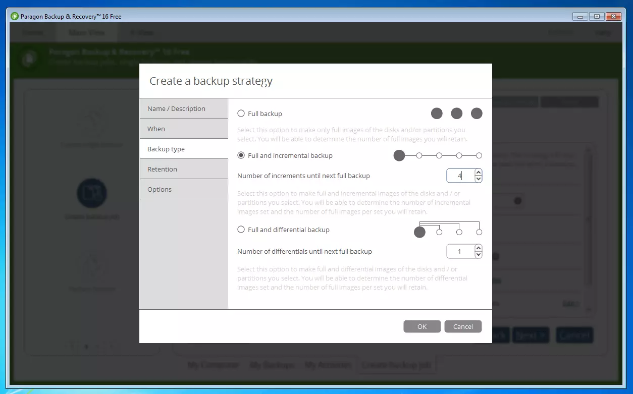 Paragon Backup & Recovery 16 Free: backup strategy creation menu