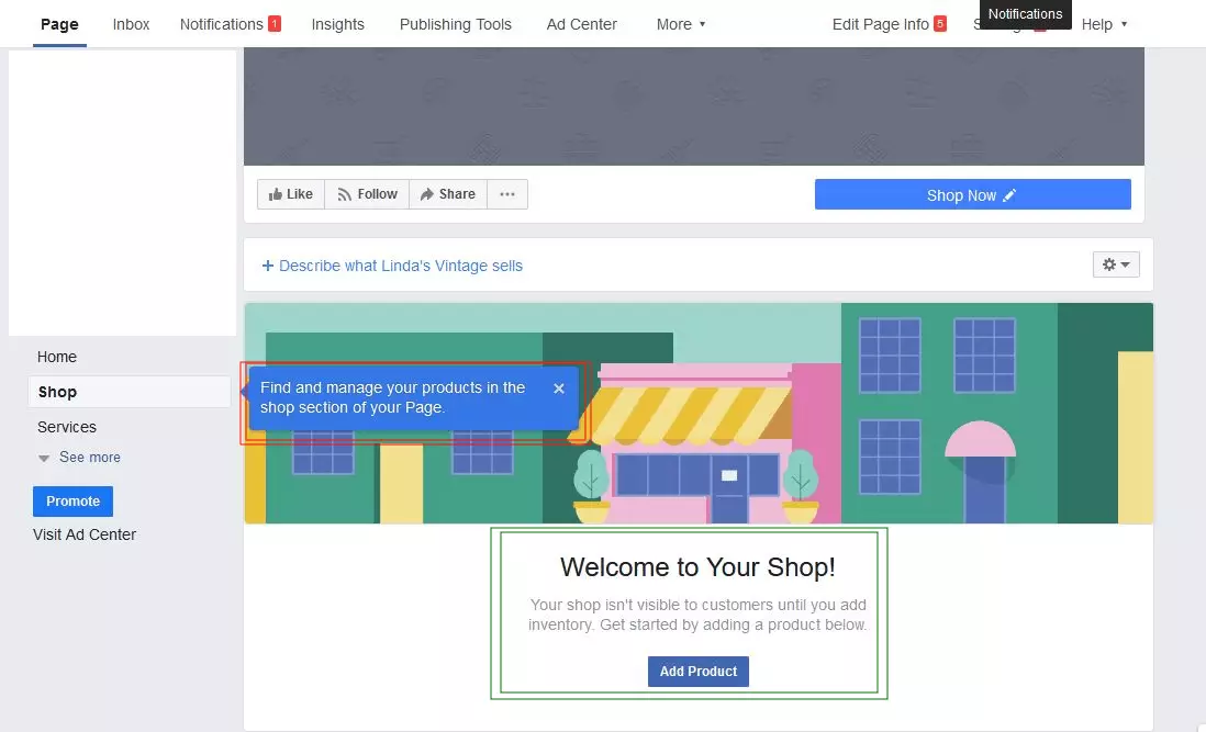 Facebook menu for adding products to the shop