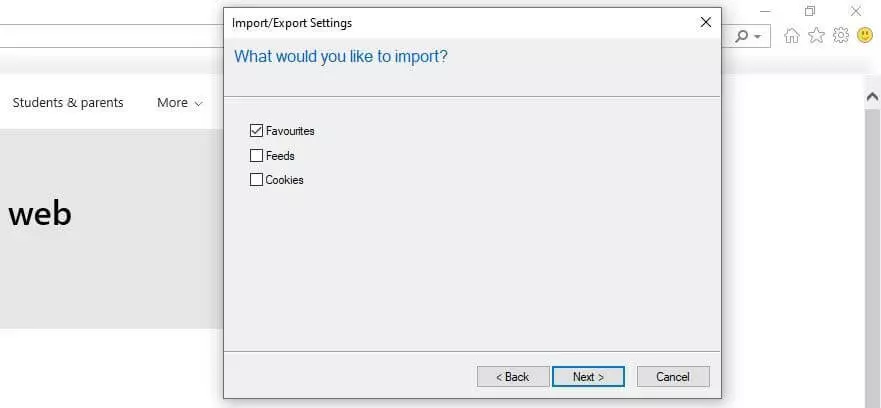 Internet Explorer 11: Bookmarks import dialog