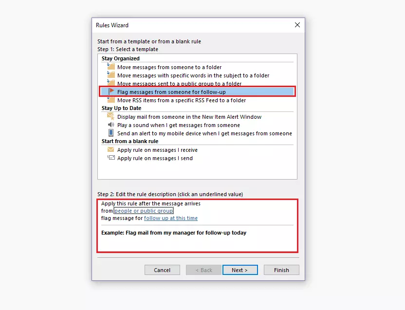 Outlook Rules Wizard: rule template selection