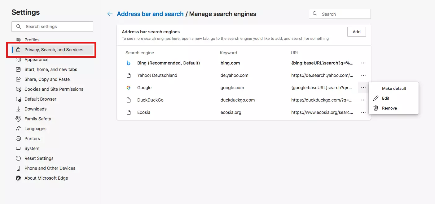 ‘Privacy, Search, and Services’ settings in Edge