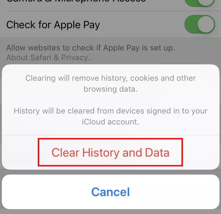 Safari (iOS): “Clear History and Website Data” dialogue