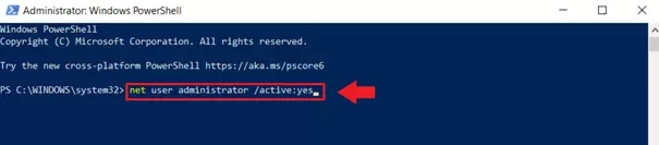 In PowerShell’s command line interpreter, enter the command ‘net user administrator /active:yes’