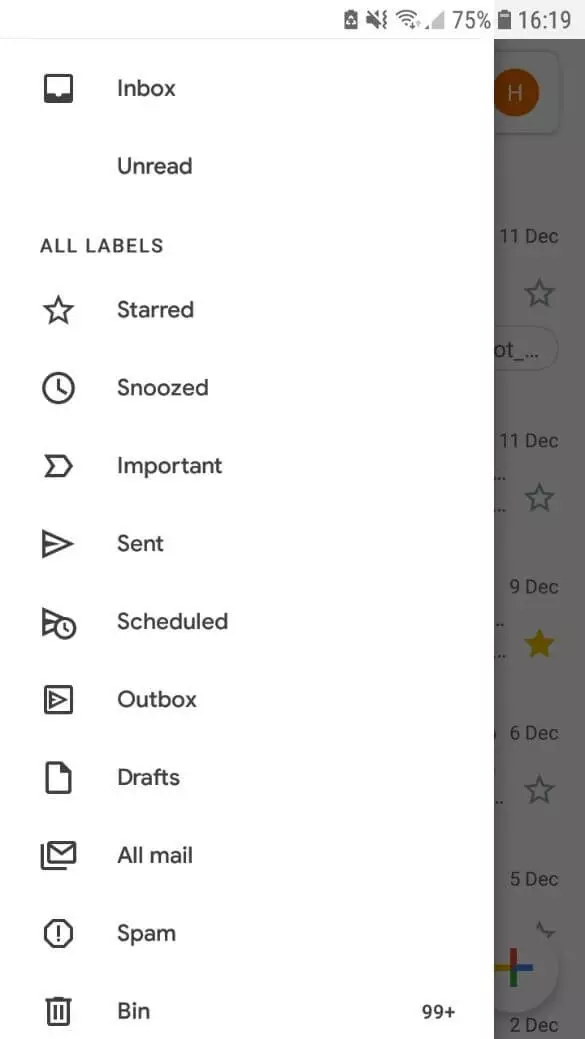 Gmail user interface in Android app with all labels displayed