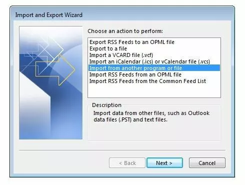 Start menu of the import/export wizard in Outlook 2016