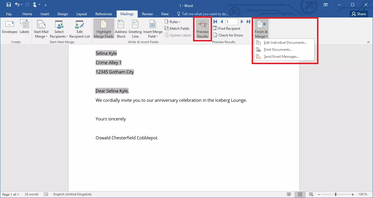 Dialogue box with functions for finishing a mail merge in Word 