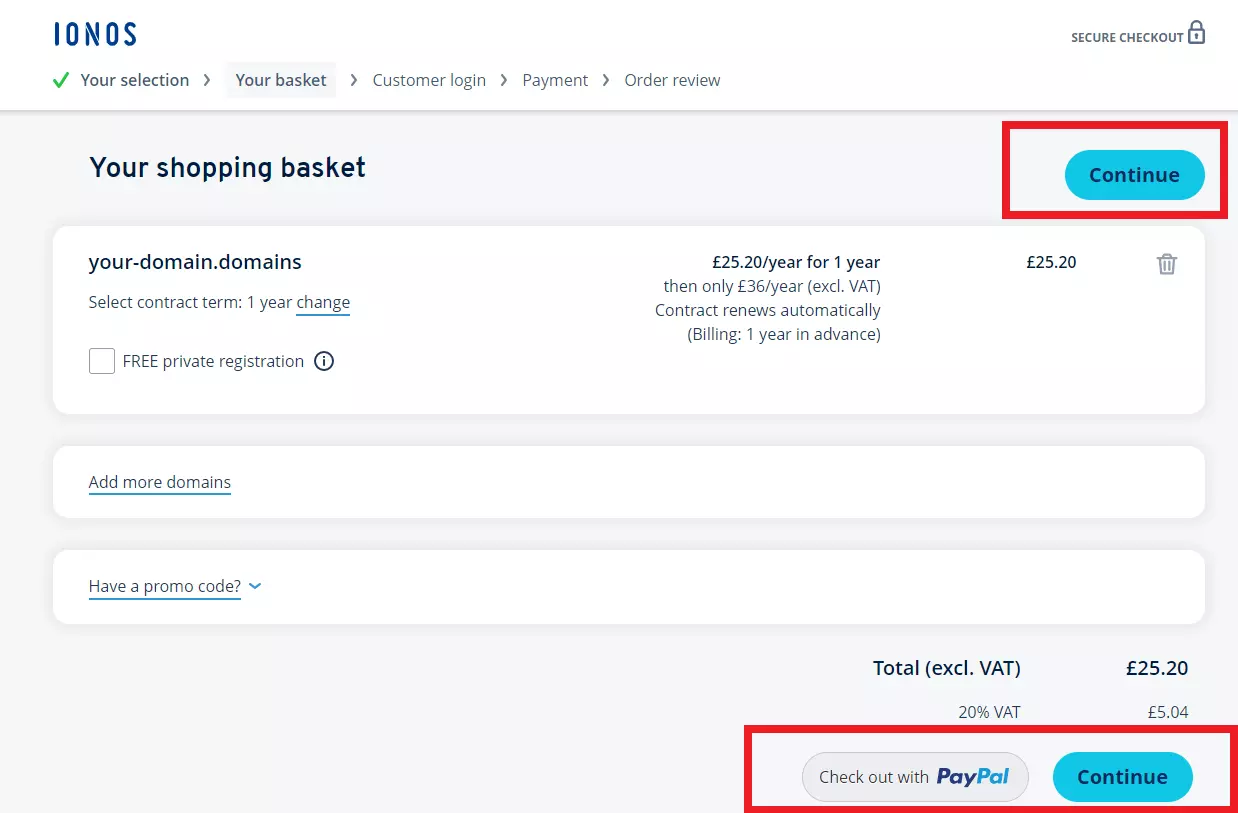 How to buy a domain name with IONOS: shopping cart