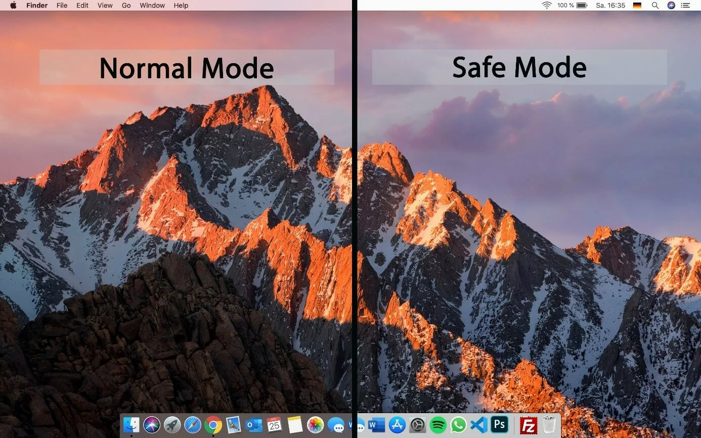 [Alt-Text: macOS: Desktop comparison between ‘normal mode’ and ‘safe mode’