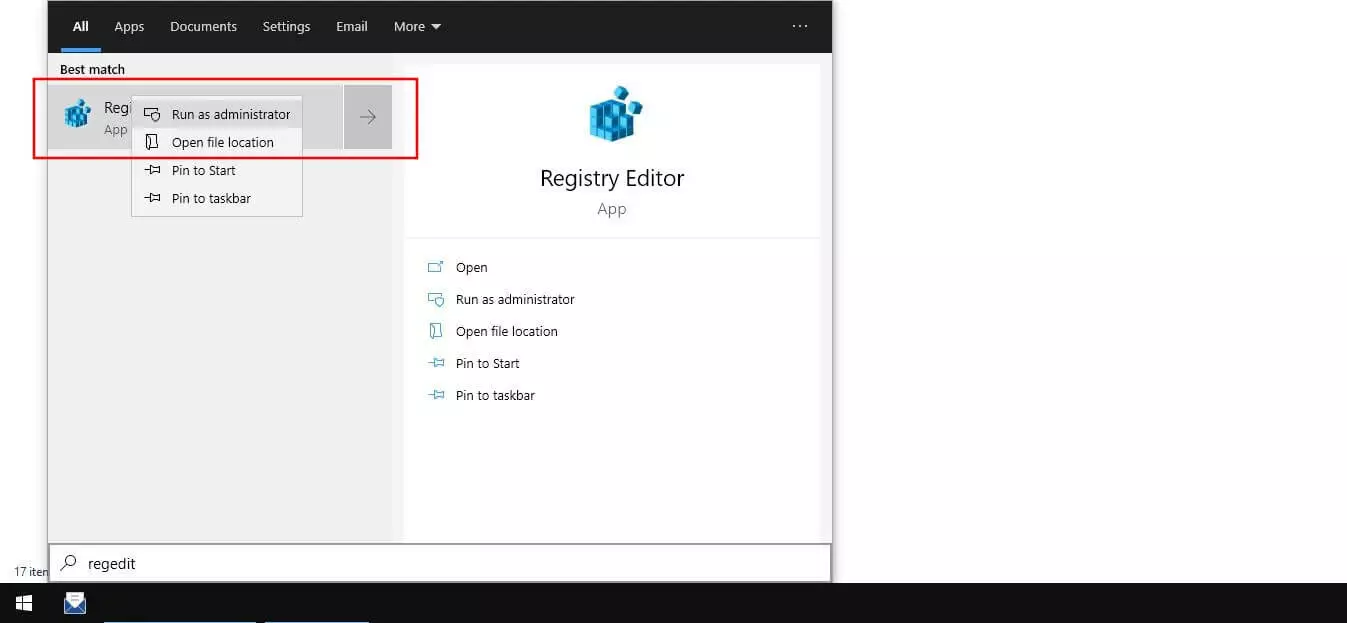 Windows 10 search: result for “regedit”