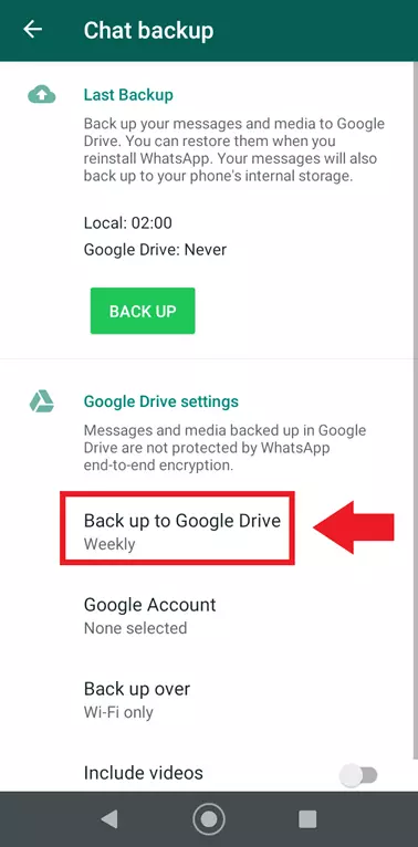 WhatsApp option ‘Back up to Google Drive’ (Create backup)