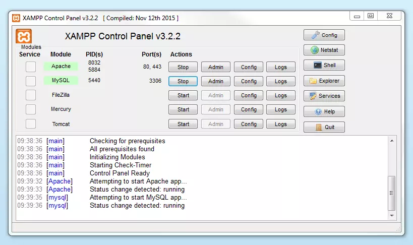 Active module in XAMPP Control Panel